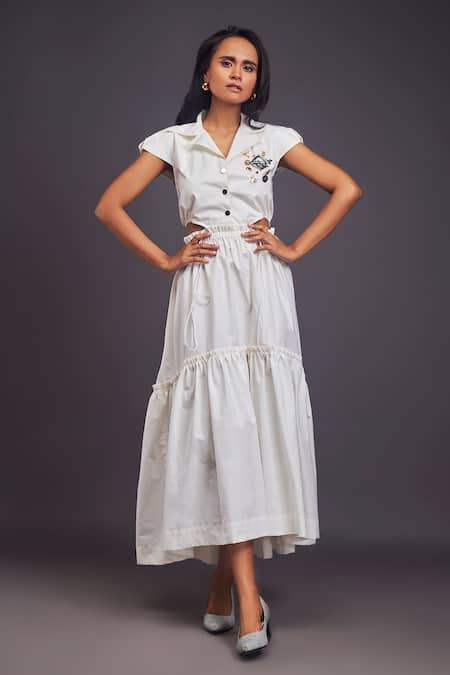 Shop Deepika Arora White Cotton Embroidery Collared Waist Cutout Tiered Maxi Dress Online at Aza Fashions Shop_Deepika Arora_White Cotton Embroidery Collared Waist Cutout Tiered Maxi Dress _Online_at_Aza_Fashions