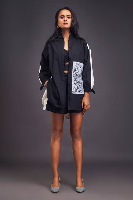 Shop_Deepika Arora_White Cotton Patchwork High , Halter Cheeta Shirt With Shorts Set _Online_at_Aza_Fashions