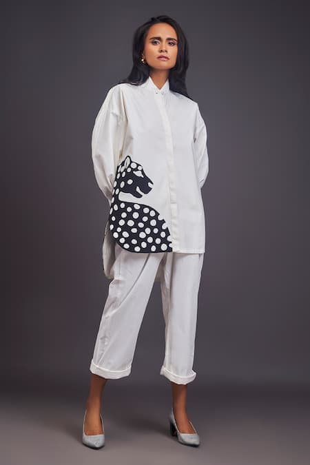 Deepika Arora White 100% Cotton Solid Patchwork High Neck Cheeta Shirt With Pant 