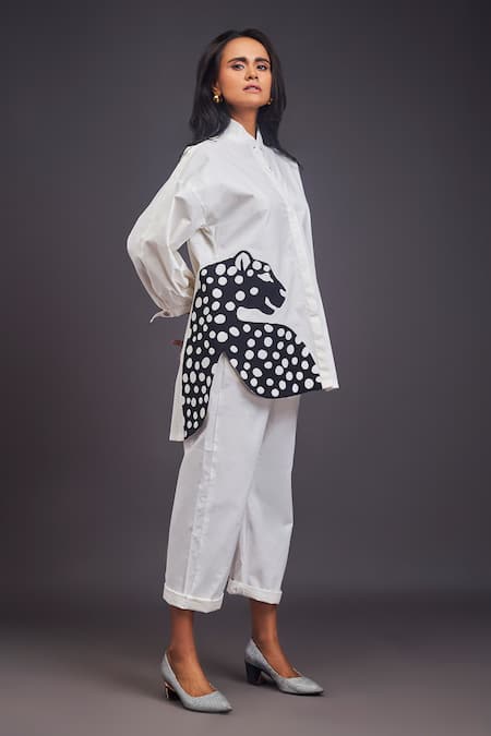 Deepika Arora_White Cotton Patchwork High Neck Cheeta Shirt With Pant _Online_at_Aza_Fashions