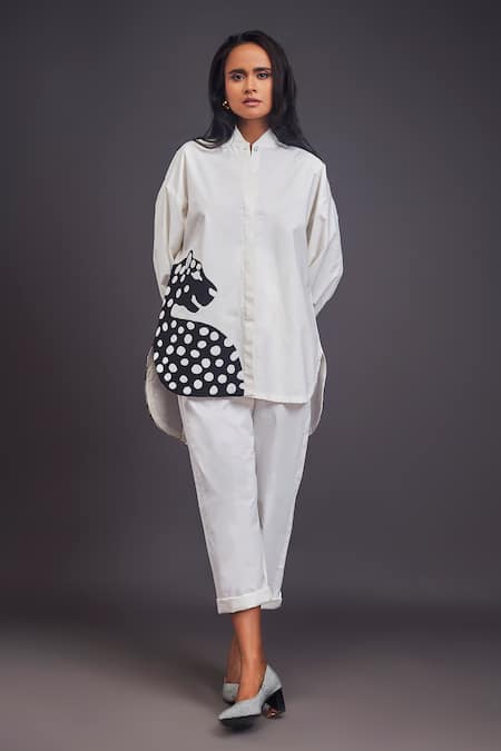 Deepika Arora_White Cotton Patchwork High Neck Cheeta Shirt With Pant _at_Aza_Fashions