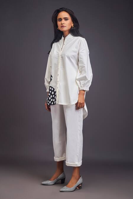 Buy_Deepika Arora_White Cotton Patchwork High Neck Cheeta Shirt With Pant 