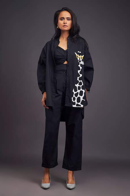 Deepika Arora Black 100% Cotton Solid Patchwork High Neck Giraffe Shirt Pant Set 