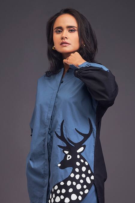 Shop Deepika Arora Black Cotton Patchwork High Neck Deer Shirt With Pant Online at Aza Fashions Shop_Deepika Arora_Black Cotton Patchwork High Neck Deer Shirt With Pant _Online_at_Aza_Fashions