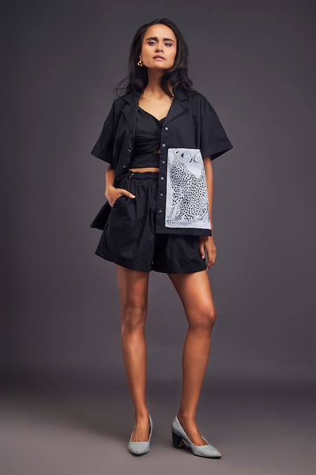 Deepika Arora Black 100% Cotton Solid Patchwork Notched Lapel Cheeta Shirt With Shorts Set 