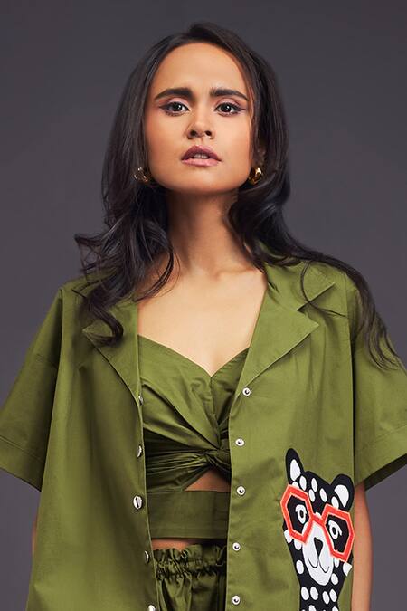Deepika Arora_Green Cotton Patchwork Collared Cat Shirt With Shorts Set _at_Aza_Fashions