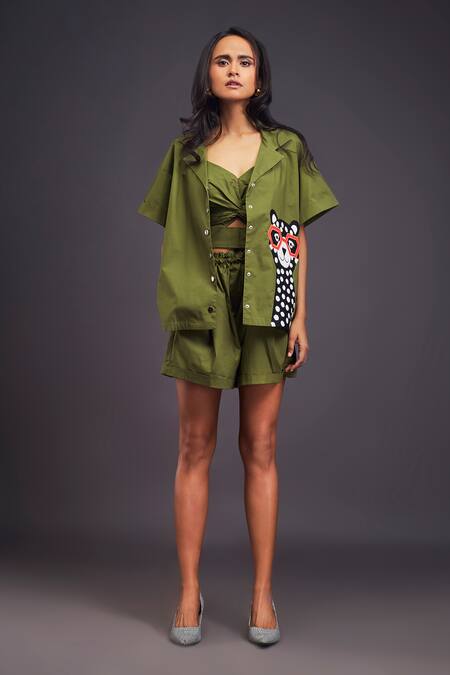 Buy_Deepika Arora_Green Cotton Patchwork Collared Cat Shirt With Shorts Set 
