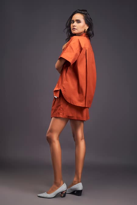 Shop_Deepika Arora_Orange Cotton Patchwork Collared Giraffe Shirt With Shorts Set _at_Aza_Fashions