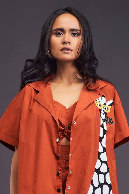 Buy_Deepika Arora_Orange Cotton Patchwork Collared Giraffe Shirt With Shorts Set 