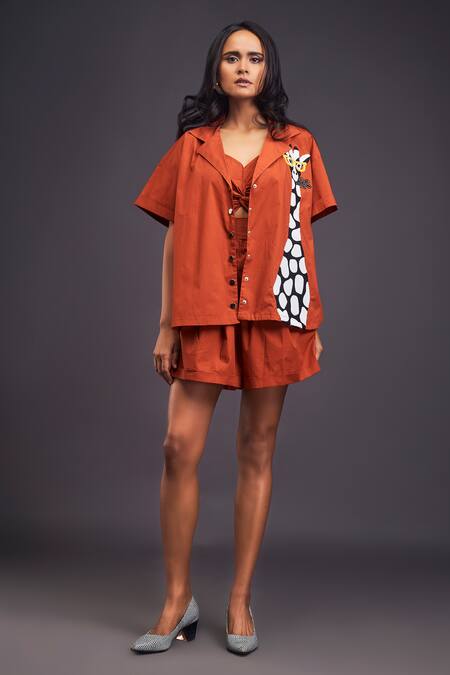 Shop_Deepika Arora_Orange Cotton Patchwork Collared Giraffe Shirt With Shorts Set 