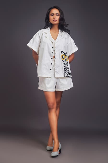 Shop_Deepika Arora_White Cotton Patchwork Collared Shirt With Shorts Set _at_Aza_Fashions