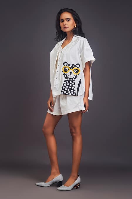 Deepika Arora_White Cotton Patchwork Collared Shirt With Shorts Set _Online_at_Aza_Fashions
