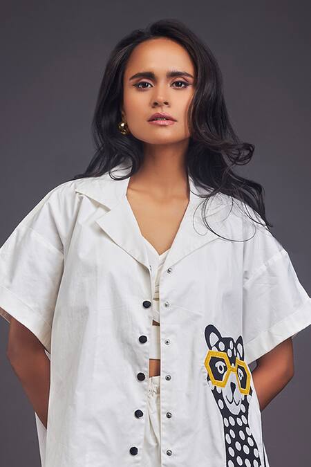 Buy_Deepika Arora_White Cotton Patchwork Collared Shirt With Shorts Set 