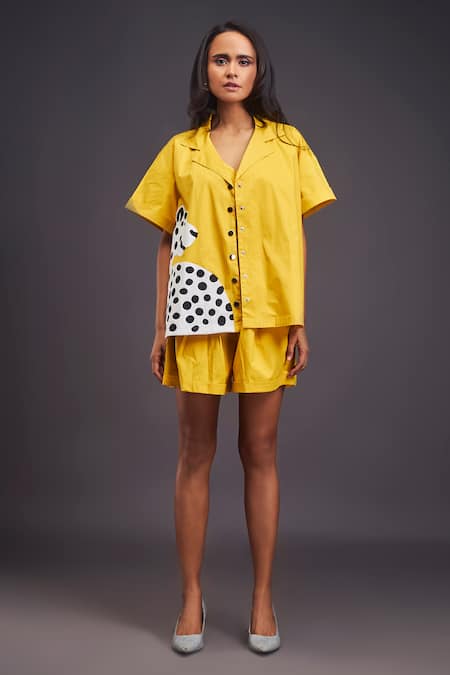 Shop_Deepika Arora_Yellow Cotton Patchwork Collared Cheeta Oversized Shirt With Shorts Set _at_Aza_Fashions
