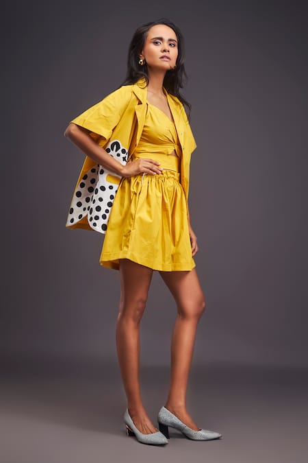 Buy_Deepika Arora_Yellow Cotton Patchwork Collared Cheeta Oversized Shirt With Shorts Set _Online_at_Aza_Fashions