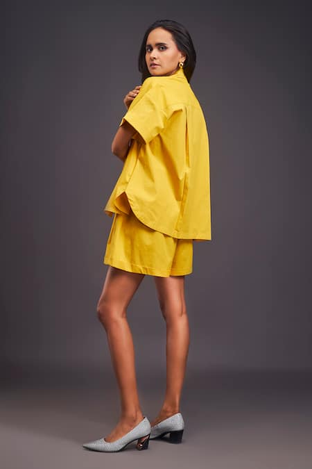 Shop_Deepika Arora_Yellow Cotton Patchwork Collared Cheeta Oversized Shirt With Shorts Set _Online_at_Aza_Fashions