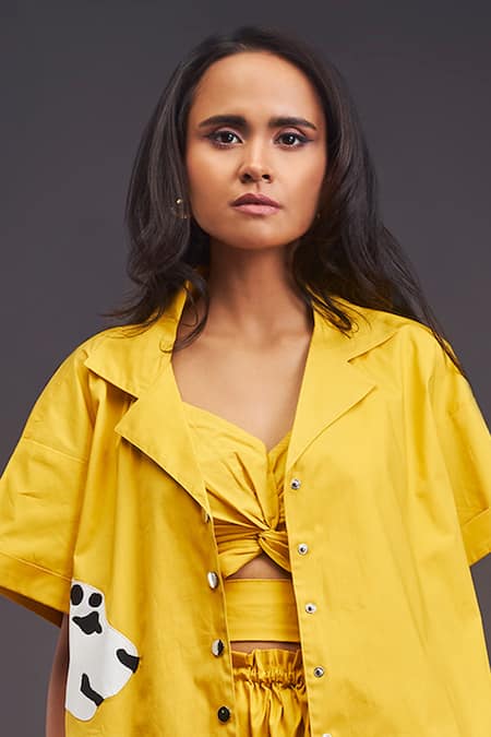 Deepika Arora_Yellow Cotton Patchwork Collared Cheeta Oversized Shirt With Shorts Set _at_Aza_Fashions