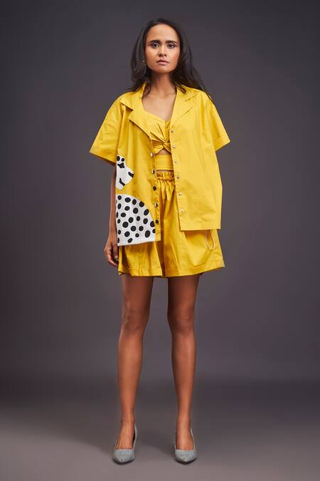 Buy_Deepika Arora_Yellow Cotton Patchwork Collared Cheeta Oversized Shirt With Shorts Set 