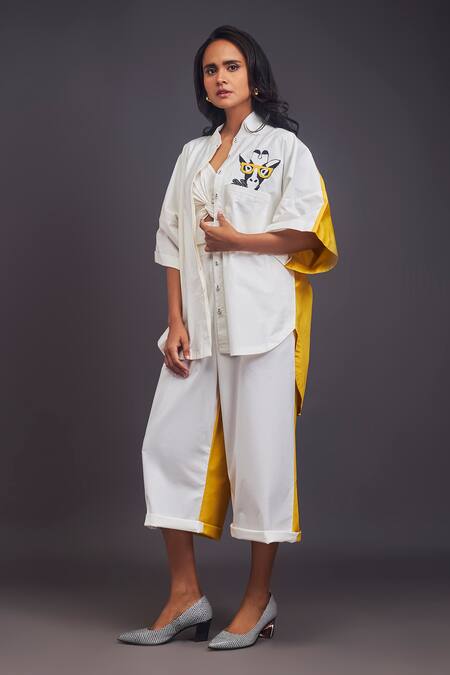 Shop_Deepika Arora_White Cotton Patchwork High Neck Giraffe Shirt With Pant Set _Online_at_Aza_Fashions