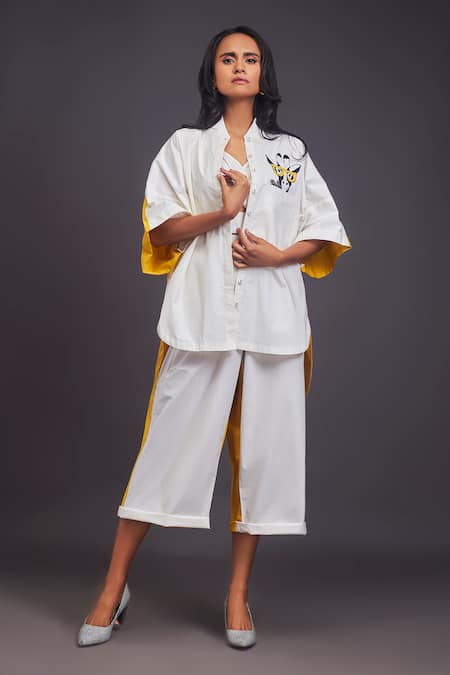 Buy_Deepika Arora_White Cotton Patchwork High Neck Giraffe Shirt With Pant Set 