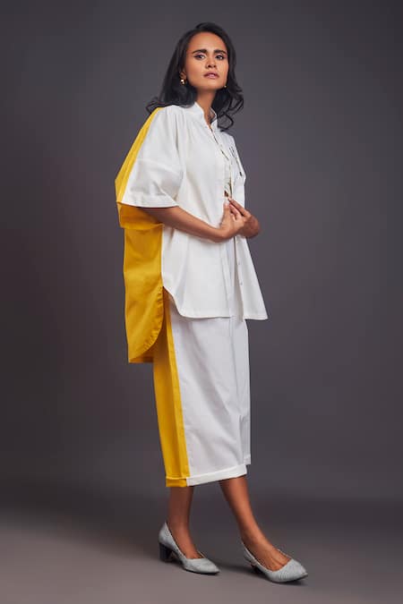 Shop_Deepika Arora_White Cotton Patchwork High Neck Giraffe Shirt With Pant Set 