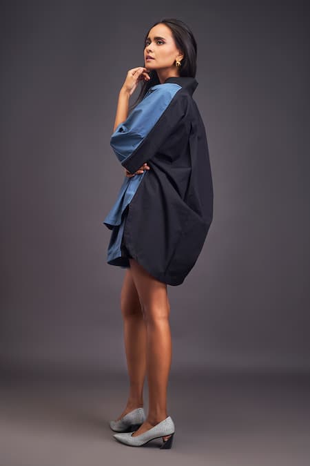 Shop_Deepika Arora_Blue Cotton Patchwork High Neck, Deer Oversized Shirt With Shorts Set _at_Aza_Fashions