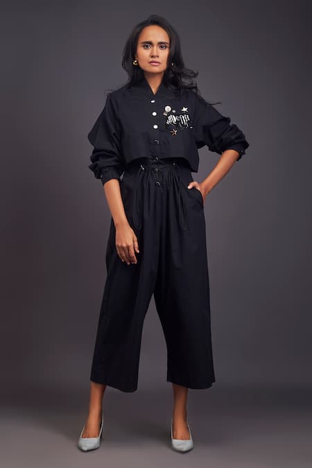 Deepika Arora Black 100% Cotton Badge Mandarin Collar Detailed Front Jumpsuit 