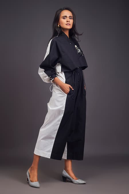 Deepika Arora Black Cotton Embroidery Mandarin Collar Badge Detailed Front Jumpsuit Online at Aza Fashions Deepika Arora_Black Cotton Embroidery Mandarin Collar Badge Detailed Front Jumpsuit _Online_at_Aza_Fashions