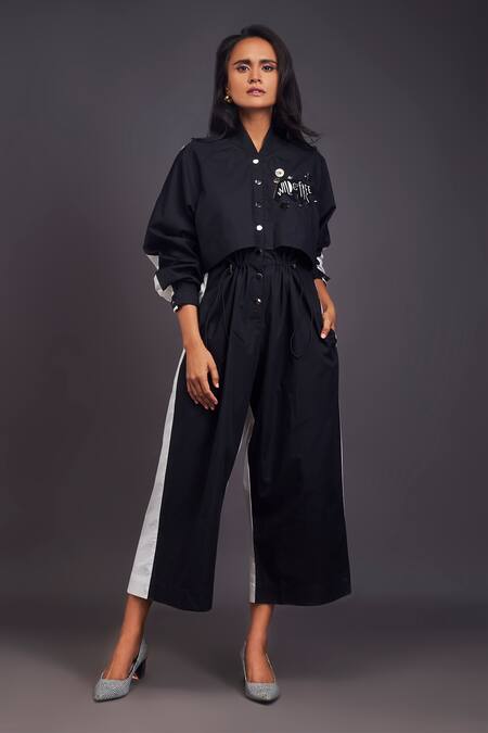 Buy Deepika Arora Black Cotton Embroidery Mandarin Collar Badge Detailed Front Jumpsuit Online at Aza Fashions Buy_Deepika Arora_Black Cotton Embroidery Mandarin Collar Badge Detailed Front Jumpsuit _Online_at_Aza_Fashions