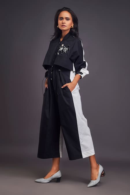 Shop Deepika Arora Black Cotton Embroidery Mandarin Collar Badge Detailed Front Jumpsuit Online at Aza Fashions Shop_Deepika Arora_Black Cotton Embroidery Mandarin Collar Badge Detailed Front Jumpsuit _Online_at_Aza_Fashions