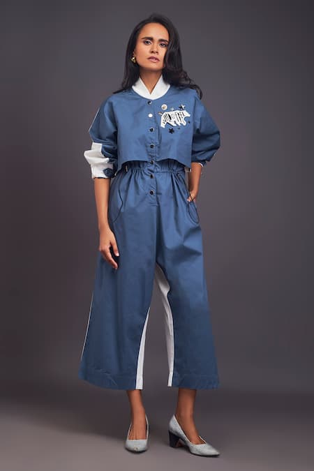 Deepika Arora Blue 100% Cotton Badge Mandarin Collar Detailed Jumpsuit 