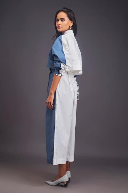 Shop_Deepika Arora_Blue Cotton Mandarin Collar Badge Detailed Jumpsuit _at_Aza_Fashions