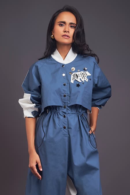 Deepika Arora_Blue Cotton Mandarin Collar Badge Detailed Jumpsuit _Online_at_Aza_Fashions