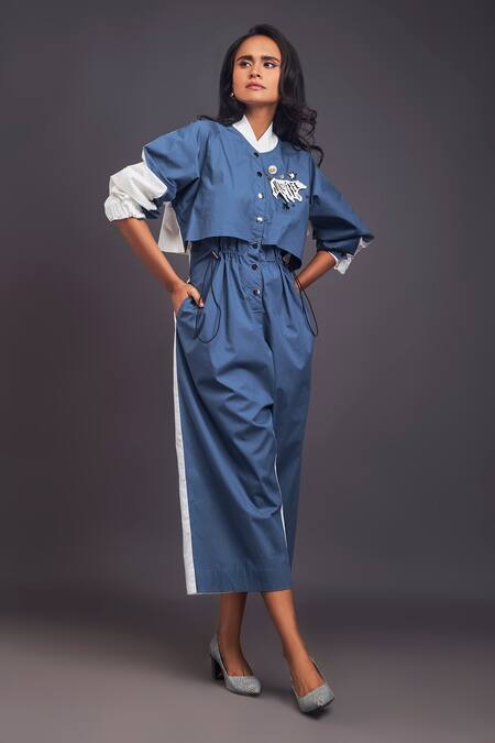 Buy_Deepika Arora_Blue Cotton Mandarin Collar Badge Detailed Jumpsuit _Online_at_Aza_Fashions