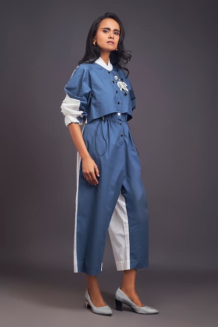 Shop_Deepika Arora_Blue Cotton Mandarin Collar Badge Detailed Jumpsuit _Online_at_Aza_Fashions