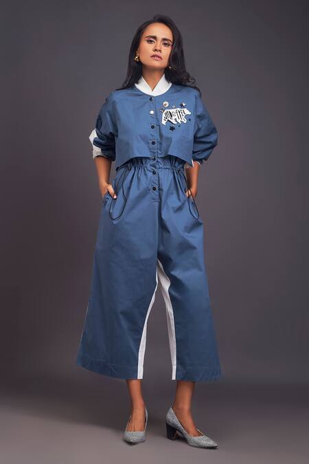 Deepika Arora_Blue Cotton Mandarin Collar Badge Detailed Jumpsuit _at_Aza_Fashions