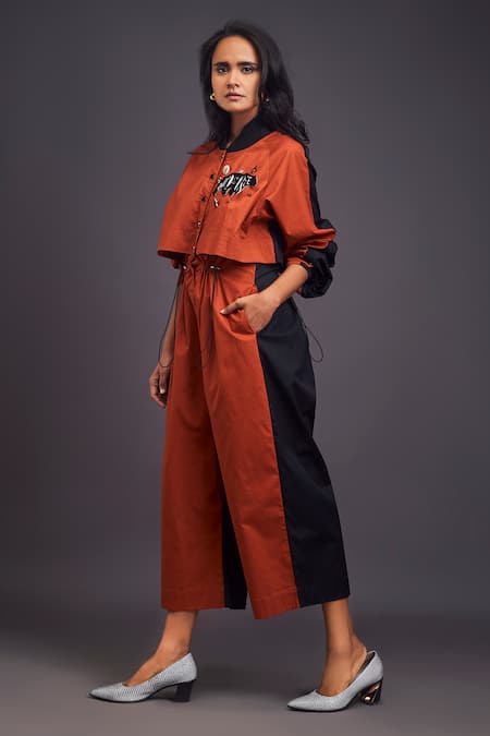 Deepika Arora Orange Cotton Embroidery Mandarin Collar Color Block Jumpsuit Online at Aza Fashions Deepika Arora_Orange Cotton Embroidery Mandarin Collar Color Block Jumpsuit _Online_at_Aza_Fashions