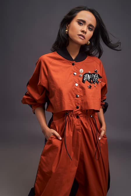 Buy Deepika Arora Orange Cotton Embroidery Mandarin Collar Color Block Jumpsuit Online at Aza Fashions Buy_Deepika Arora_Orange Cotton Embroidery Mandarin Collar Color Block Jumpsuit _Online_at_Aza_Fashions
