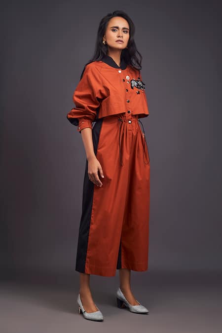 Shop Deepika Arora Orange Cotton Embroidery Mandarin Collar Color Block Jumpsuit Online at Aza Fashions Shop_Deepika Arora_Orange Cotton Embroidery Mandarin Collar Color Block Jumpsuit _Online_at_Aza_Fashions