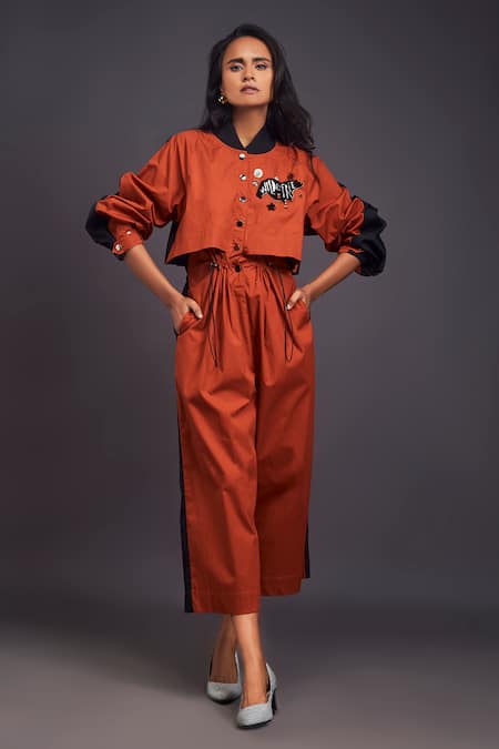 Deepika Arora Orange Cotton Embroidery Mandarin Collar Color Block Jumpsuit at Aza Fashions Deepika Arora_Orange Cotton Embroidery Mandarin Collar Color Block Jumpsuit _at_Aza_Fashions