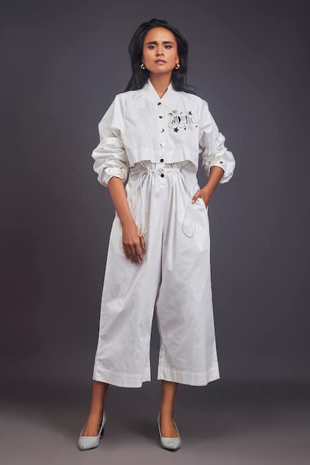 Deepika Arora White 100% Cotton Badge Mandarin Collar Detailed Jumpsuit 