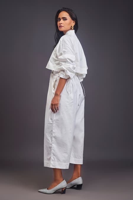 Shop_Deepika Arora_White Cotton Embroidery Mandarin Collar Badge Detailed Jumpsuit _at_Aza_Fashions