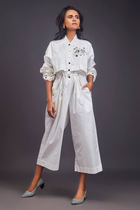 Buy_Deepika Arora_White Cotton Embroidery Mandarin Collar Badge Detailed Jumpsuit _Online_at_Aza_Fashions