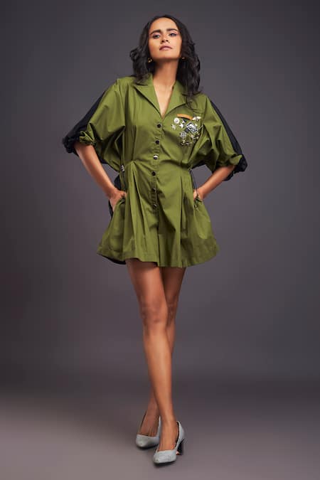 Deepika Arora Green 100% Cotton Badge Lapel Notched Collar Jumpsuit 