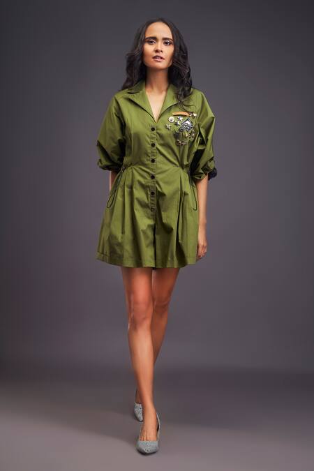 Deepika Arora_Green Cotton Embroidery Collared Notched Jumpsuit _Online_at_Aza_Fashions