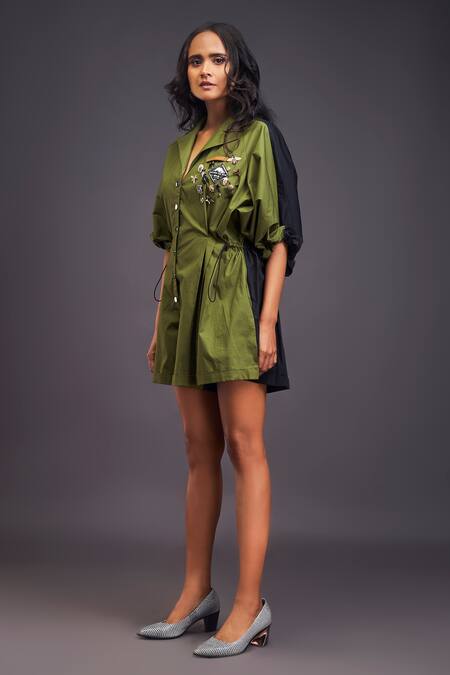 Buy_Deepika Arora_Green Cotton Embroidery Collared Notched Jumpsuit _Online_at_Aza_Fashions