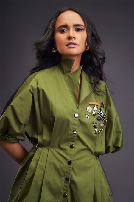 Shop_Deepika Arora_Green Cotton Embroidery Collared Notched Jumpsuit _Online_at_Aza_Fashions