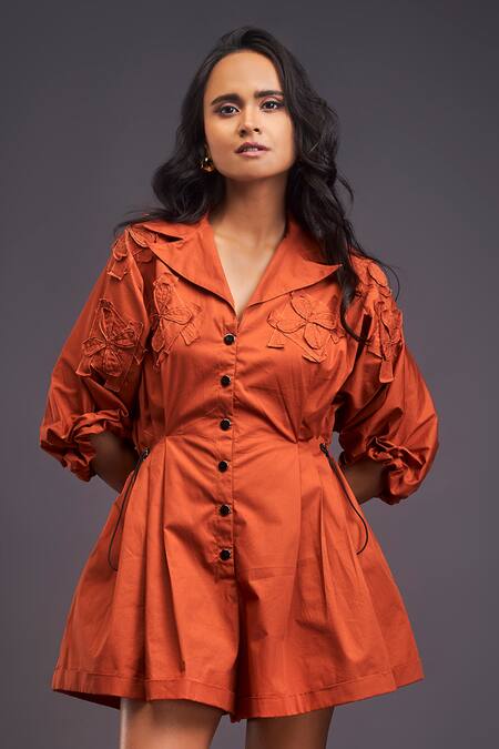 Shop_Deepika Arora_Orange Cotton Embroidery Collared Flower Detailed Jumpsuit _Online_at_Aza_Fashions