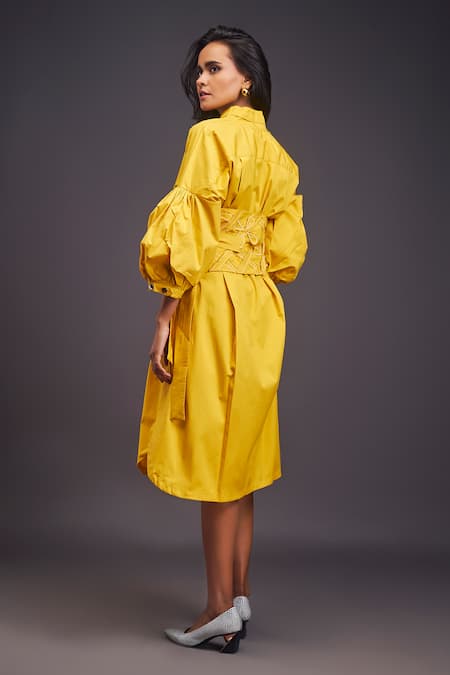 Shop Deepika Arora Yellow Cotton Applique Bandeau Neck Midi Dress With Corset Belt at Aza Fashions Shop_Deepika Arora_Yellow Cotton Applique Bandeau Neck Midi Dress With Corset Belt _at_Aza_Fashions