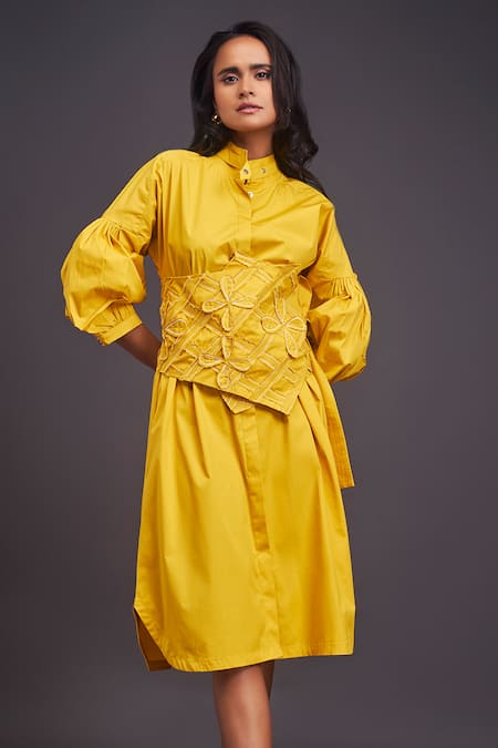 Deepika Arora Yellow Cotton Applique Bandeau Neck Midi Dress With Corset Belt Online at Aza Fashions Deepika Arora_Yellow Cotton Applique Bandeau Neck Midi Dress With Corset Belt _Online_at_Aza_Fashions